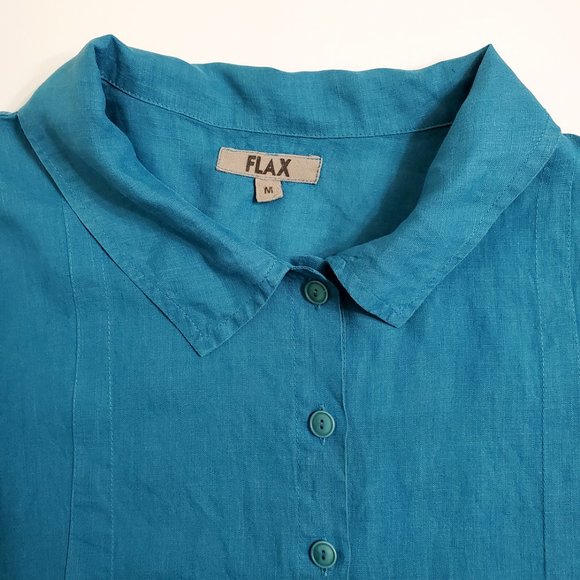 FLAX Womens Button-Up Shirt Tunic M Linen Short Sleeve Teal Blue Lagenlo… - Picture 5 of 9